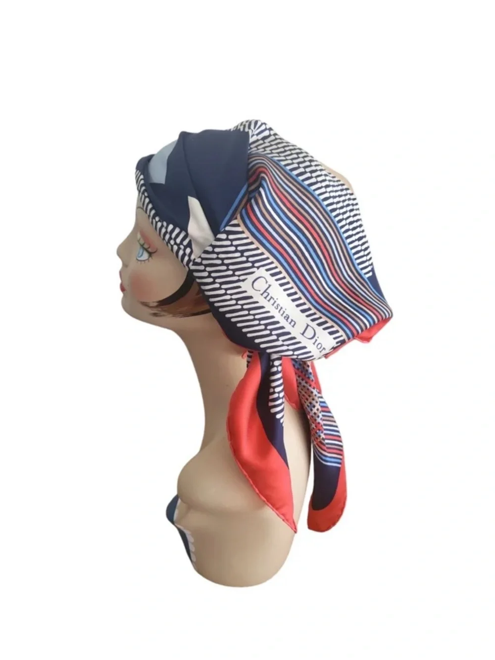 Dior Navy, Red and Cream Striped Signature Silk Scarf
